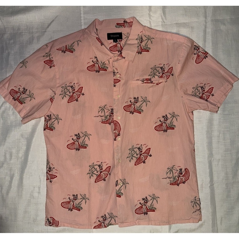 Brixton Men's Pink Button Up Shirt Pin Up Girl Tropical Large Cotton Hula Untuck